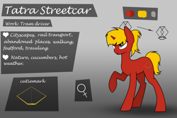 Size: 3000x2000 | Tagged: safe, artist:subway777, imported from derpibooru, oc, oc only, oc:tatra streetcar, pony, unicorn, color palette, gradient background, gray eyes, horn, long legs, looking up, ponytail, raised hoof, red coat, reference sheet, solo, standing on three hooves, tail, text, tied mane, unicorn oc, white text, yellow mane, yellow tail