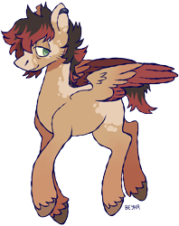 Size: 738x934 | Tagged: safe, artist:beyhr, imported from derpibooru, oc, oc only, oc:gingersky, pegasus, pony, artfight, bags under eyes, beauty mark, blank flank, blaze (coat marking), brown coat, brown hooves, coat markings, colored eartips, colored hooves, colored muzzle, colored wings, ear piercing, earring, facial hair, facial markings, gift art, green eyes, hooves, jewelry, lidded eyes, long legs, looking back, male, pale muzzle, partially open wings, pegasus oc, piercing, profile, red wingtips, short tail, signature, simple background, smiling, solo, spiky mane, stallion, tail, transparent background, two toned mane, two toned tail, two toned wings, unshorn fetlocks, wing fluff, wings