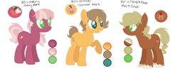 Size: 1113x446 | Tagged: safe, artist:selenaede, artist:trollertnt, imported from derpibooru, oc, oc only, oc:apple shoe, oc:caramel apple, oc:cherry apple, earth pony, pony, base used, brown mane, brown tail, color palette, colored eyelashes, colored hooves, colored pupils, cream hooves, earth pony oc, female, freckles, green eyelashes, green eyes, green pupils, grin, half-siblings, hooves, looking at someone, magical lesbian spawn, male, mare, next generation, oc redesign, offspring, open mouth, open smile, orange coat, parent:applejack, parent:caramel, parent:cheerilee, parent:trouble shoes, parent:troubleshoes clyde, parents:carajack, parents:cheerijack, parents:troublejack, pink mane, pink tail, pixel-crisp art, ponytail, purple coat, raised hoof, short mane, simple background, smiling, smiling at someone, stallion, standing, standing on three hooves, tail, tan mane, tan tail, teal eyelashes, teal eyes, teal pupils, tied mane, tied tail, two toned mane, two toned tail, unshorn fetlocks, white background