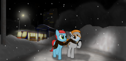 Size: 2560x1240 | Tagged: safe, artist:subway777, imported from derpibooru, oc, oc only, earth pony, pony, clothes, earth pony oc, night, scarf, shared clothing, shared scarf, snow, snowfall, striped scarf, train, winter