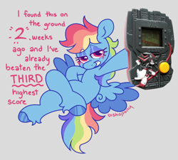 Size: 2048x1843 | Tagged: safe, artist:bishopony, imported from derpibooru, rainbow dash, pegasus, pony, blue coat, blue eyeshadow, blue wingtips, blush scribble, blushing, colored eyelashes, colored hooves, colored pupils, colored wings, colored wingtips, crossed legs, dialogue, eye clipping through hair, eyelashes, eyeshadow, female, fetlock tuft, flying, gray background, hoof hold, hooves, lcd, lidded eyes, makeup, mare, mcdonald's happy meal toys, multicolored hair, multicolored mane, multicolored tail, pink eyes, pink text, purple eyelashes, purple pupils, rainbow dash being rainbow dash, rainbow hair, rainbow tail, raised hoof, requested art, sega, shadow grinder (video game), shadow the hedgehog, shiny hooves, signature, simple background, smiling, solo, sonic the hedgehog (series), spread wings, tail, talking, text, toy, two toned wings, wings