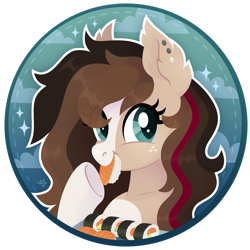 Size: 1920x1920 | Tagged: safe, artist:kabuvee, imported from derpibooru, oc, oc:ryolit, pony, bust, female, food, mare, nom, portrait, solo, sushi