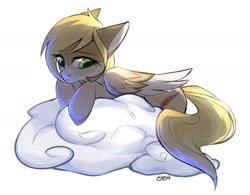 Size: 1749x1361 | Tagged: source needed, safe, artist:enjaadjital, imported from derpibooru, oc, oc only, pegasus, pony, cloud, colored wings, eyebrows, eyebrows visible through hair, female, floppy ears, folded wings, looking down, lying down, lying on a cloud, mare, on a cloud, pegasus oc, prone, simple background, solo, two toned wings, white background, wings