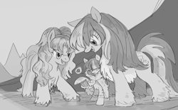 Size: 3282x2037 | Tagged: safe, artist:marbo, imported from derpibooru, oc, oc only, oc:ice elation, oc:the abominable snowmare, fish, pony, chest fluff, clothes, coat, female, fluffy, grayscale, mare, monochrome, offering, open mouth, open smile, smiling, snowpony (species), taiga pony, trio, unshorn fetlocks, yakutian horse