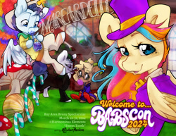 Size: 1017x786 | Tagged: safe, artist:midnightpremiere, imported from derpibooru, oc, oc:copper chip, oc:foreshock, oc:golden gates, oc:silver span, pegasus, unicorn, babscon, babscon mascots, bow, bubblegum, candy, candy cane, chocolate, clothes, convention, convention art, cowboy, cowboy hat, cowboy outfit, curly hair, facial hair, fake moustache, fizzy lifting drink, flying, food, ghirardelli, glasses, gum, hat, horn, looking at you, looking down, mascot, moustache, mushroom, red socks, socks, soda, suit, text, tuxedo, watermelon, willy wonka and the chocolate factory