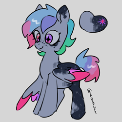 Size: 4096x4096 | Tagged: safe, artist:metaruscarlet, imported from derpibooru, oc, oc only, oc:galaxy (pegasus), pegasus, pony, freckles, gray background, heterochromia, pegasus oc, redesign, simple background, solo, spotted, wings