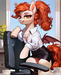 Size: 1016x1256 | Tagged: safe, imported from derpibooru, bat pony, ai content, ai generated, chair, clothes, generator:pony diffusion v6 xl, generator:stable diffusion, paper, plant, prompter:radioglitch