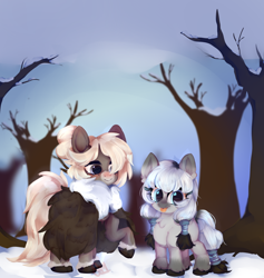 Size: 568x600 | Tagged: safe, artist:anonymous, imported from derpibooru, oc, oc only, oc:arctic ink, oc:bundle up, pony, :p, blaze (coat marking), boots, clothes, coat, duo, female, filly, hair over one eye, looking at you, mare, open mouth, open smile, outdoors, raised hoof, shoes, smiling, snow, snowpony (species), taiga pony, tongue out, tree, winter, yakutian horse