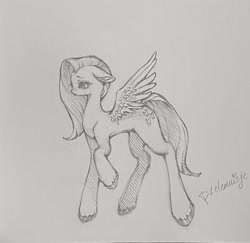 Size: 1679x1629 | Tagged: safe, artist:p1elemuisje, imported from derpibooru, fluttershy, pegasus, pony, black and white, cute, floppy ears, grayscale, hoof polish, looking down, monochrome, pencil drawing, sad, sadorable, signature, simple background, solo, spread wings, traditional art, transparent background, wings