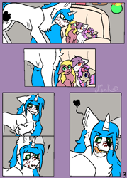 Size: 750x1050 | Tagged: safe, artist:deadsmoke, imported from derpibooru, oc, oc only, oc:snowflake white, earth pony, pony, unicorn, comic:a hearty snack, commission, drool, heart, horn, hungry, imminent vore, licking, licking lips, nervous, sniffing, tongue out