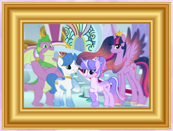 Size: 1802x1368 | Tagged: safe, artist:lovinglypromise, imported from derpibooru, spike, twilight sparkle, oc, oc:astral shine, oc:misty petal, alicorn, dragon, pony, unicorn, the last problem, canon x oc, female, gigachad spike, horn, male, mare, offspring, older, older spike, older twilight, older twilight sparkle (alicorn), parent:oc:astral shine, parent:twilight sparkle, parents:canon x oc, princess twilight 2.0, stallion, twilight sparkle (alicorn)