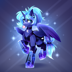 Size: 2717x2717 | Tagged: safe, artist:buvanybu, imported from derpibooru, princess luna, alicorn, pony, alternate hairstyle, blowing bubblegum, bubblegum, choker, chokerluna, clothes, converse, ear fluff, eye clipping through hair, female, food, gradient mane, gradient tail, gum, mare, partially open wings, ponytail, shoes, socks, solo, sparkles, standing on two hooves, stockings, tail, thigh highs, wings