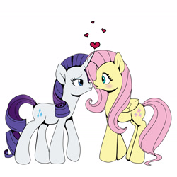 Size: 2600x2600 | Tagged: safe, artist:bunnyweinberger, imported from derpibooru, fluttershy, rarity, pegasus, pony, unicorn, blushing, duo, eyeshadow, female, flarity, floating heart, folded wings, heart, high res, horn, lesbian, looking at each other, looking at someone, makeup, mare, narrowed eyes, open mouth, profile, ringlets, shipping, simple background, smiling, surprised, walking, white background, wings