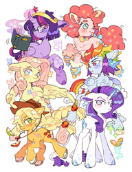 Size: 1536x1998 | Tagged: safe, artist:sharpycharot, imported from derpibooru, applejack, fluttershy, pinkie pie, rainbow dash, rarity, twilight sparkle, alicorn, classical unicorn, pegasus, pony, unicorn, apple, big crown thingy, blush sticker, blushing, book, bowtie, chest fluff, cloven hooves, element of magic, female, floppy ears, food, freckles, glasses, horn, jewelry, leonine tail, magic, mane six, mare, one wing out, regalia, roller skates, round glasses, shoulder freckles, simple background, skates, tongue out, twilight sparkle (alicorn), unshorn fetlocks, white background, winged hooves, wings