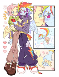 Size: 1530x1988 | Tagged: safe, artist:sharpycharot, imported from derpibooru, fluttershy, rainbow dash, pony, cellphone, clothes, female, flutterdash, holding hands, lesbian, phone, ponied up, shipping