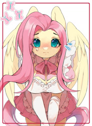 Size: 1200x1629 | Tagged: safe, artist:aniimoni, imported from derpibooru, fluttershy, anthro, pegasus, apron, blush lines, blushing, bowing, breasts, busty fluttershy, clothes, crying, dress, eye clipping through hair, eyebrows, eyebrows visible through hair, eyelashes, frilly dress, frown, gloves, long gloves, looking at you, maid, neck bow, partially open wings, pink bow, pink dress, puffy sleeves, shiny eyes, solo, teal eyes, white gloves, wings