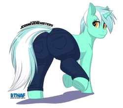 Size: 4093x3583 | Tagged: safe, artist:jcosneverexisted, imported from derpibooru, lyra heartstrings, pony, unicorn, butt, clothes, denim, female, frog (hoof), horn, jeans, looking back, lyrebutt, mare, pants, plot, presenting, solo, underhoof