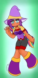 Size: 1011x2048 | Tagged: safe, artist:ru, imported from derpibooru, sunny starscout, human, boots, clothes, female, g5, hat, humanized, mane stripe sunny, shirt, shoes, shorts, signature, solo, witch hat