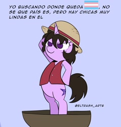 Size: 1958x2048 | Tagged: safe, artist:eltrash_art6, imported from derpibooru, oc, oc only, pony, unicorn, blue background, boat, clothes, cosplay, costume, crossover, female, hat, horn, mare, monkey d. luffy, one piece, pride, pride flag, salute, scar, shirt, simple background, spanish, spanish text, straw hat, transgender pride flag, translated in the description