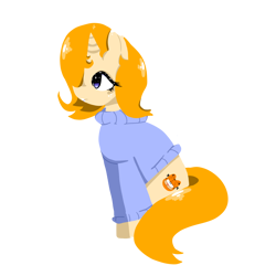 Size: 1280x1280 | Tagged: safe, artist:trixxiefloof, imported from derpibooru, oc, oc only, oc:jean sprinkle, pony, unicorn, clothes, fanart, freckles, full body, garfield, horn, lineless, lipstick, simple background, sitting, solo, sparkles, sweater, transparent background, unicorn oc