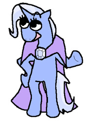 Size: 318x419 | Tagged: safe, artist:fragonreal, imported from derpibooru, trixie, pony, unicorn, bipedal, cape, clothes, eyebrows, eyebrows visible through hair, floating eyebrows, hat, hoof on hip, horn, lidded eyes, open mouth, open smile, pixel-crisp art, simple background, smiling, standing, trixie's cape, trixie's hat, white background