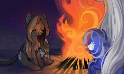 Size: 3327x2000 | Tagged: safe, artist:marbo, imported from derpibooru, oc, oc only, oc:cirrus wisp, ghost, ghost pony, pony, undead, campfire, eyes closed, female, filly, fire, fluffy, mare, night, smiling, snowpony (species), spirit, taiga pony, trio, yakutian horse