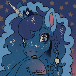 Size: 2048x2048 | Tagged: safe, artist:tearyeyedanimal, imported from derpibooru, princess luna, alicorn, pony, braid, constellation, female, horn, jewelry, mare, solo, tiara