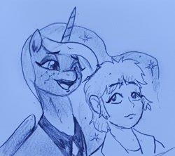 Size: 2048x1817 | Tagged: safe, artist:pony quarantine, imported from derpibooru, princess luna, alicorn, human, pony, bluescale, bust, constellation freckles, duo, duo female, eyebrows, eyebrows visible through hair, female, freckles, mare, monochrome, open mouth, open smile, smiling, traditional art