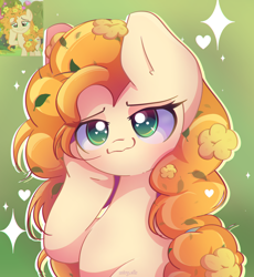 Size: 2350x2550 | Tagged: safe, artist:miryelis, imported from derpibooru, screencap, pear butter, earth pony, pony, the perfect pear, cute, female, flower, flower in hair, heart, long hair, mare, raised hoof, screencap reference, smiling, solo, sparkles