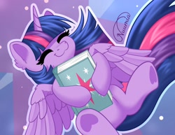 Size: 1974x1520 | Tagged: safe, artist:nuumia, imported from derpibooru, twilight sparkle, alicorn, pony, :3, book, cute, eyes closed, female, hoof heart, horn, mare, outline, signature, smiling, solo, spread wings, twiabetes, twilight sparkle (alicorn), underhoof, white outline, wings