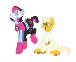 Size: 1051x854 | Tagged: safe, artist:dravenday, imported from derpibooru, earth pony, pony, robot, robot pony, alphys, bucktooth, clothes, duo, duo male and female, female, glasses, lab coat, looking at each other, looking at someone, looking back, male, mare, mettaton, mettaton ex, open mouth, open smile, ponified, raised hoof, raised leg, signature, simple background, sitting, smiling, smug, stallion, strutting, undertale, white background