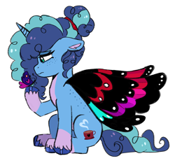 Size: 2058x1920 | Tagged: safe, artist:emera33, imported from derpibooru, oc, oc:veneer, butterfly, pony, unicorn, alternate cutie mark, alternate universe, butterfly wings, disguise, disguised changeling, female, floppy ears, g5, horn, lidded eyes, looking at something, mare, misty brightdawn, sad, simple background, solo, white background, wings