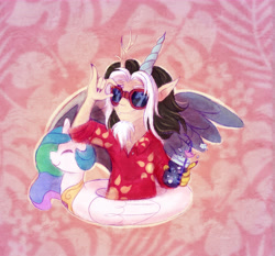 Size: 6935x6460 | Tagged: safe, artist:equmoria, imported from derpibooru, discord, princess celestia, human, absurd resolution, floaty, glass, glasses, grin, horn, horned humanization, horns, humanized, inflatable, inflatable alicorn, inflatable toy, pool toy, smiling, solo, summer, summertime, swanlestia, winged humanization, wings