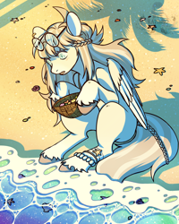 Size: 1602x2000 | Tagged: safe, artist:hells_kazinno, imported from derpibooru, oc, oc only, pegasus, pony, basket, beach, holding, looking at something, seashell, sitting, solo, unshorn fetlocks