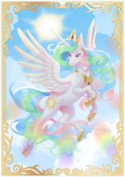 Size: 1614x2283 | Tagged: safe, artist:shibachichi, imported from derpibooru, princess celestia, alicorn, pony, cloud, cutie mark eyes, female, flying, mare, solo, sun, wingding eyes