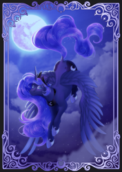 Size: 1614x2283 | Tagged: safe, artist:shibachichi, imported from derpibooru, princess luna, alicorn, pony, cloud, cutie mark eyes, female, flying, mare, mare in the moon, moon, night, wingding eyes