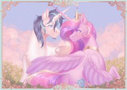 Size: 2283x1614 | Tagged: safe, artist:shibachichi, imported from derpibooru, princess cadance, shining armor, alicorn, pony, unicorn, beard, crossed horns, cutie mark eyes, facial hair, female, field, horn, horn ring, horns are touching, jewelry, looking at each other, looking at someone, lying down, male, mare, married couple, prone, ring, shiningcadance, shipping, stallion, straight, wingding eyes