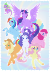 Size: 1614x2283 | Tagged: safe, artist:shibachichi, imported from derpibooru, applejack, fluttershy, pinkie pie, rainbow dash, rarity, spike, twilight sparkle, alicorn, butterfly, dragon, earth pony, pegasus, pony, unicorn, butterfly on nose, chest fluff, cutie mark eyes, female, gem, horn, insect on nose, mane seven, mane six, mare, twilight sparkle (alicorn), unshorn fetlocks, wingding eyes, winged spike, wings