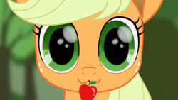 Size: 1920x1080 | Tagged: safe, artist:k. dale, imported from derpibooru, applejack, earth pony, pony, :3, apple, blurry background, bust, cute, detailed eyes, female, food, looking at you, mare, movie accurate, solo