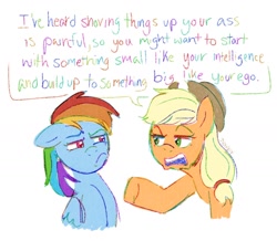 Size: 1592x1390 | Tagged: safe, artist:dravenday, imported from derpibooru, applejack, rainbow dash, earth pony, pegasus, pony, duo, duo female, female, floppy ears, frown, insult, lidded eyes, looking at each other, looking at someone, mare, simple background, vulgar, white background