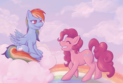 Size: 2048x1387 | Tagged: safe, artist:starryducks, imported from derpibooru, pinkie pie, rainbow dash, earth pony, pegasus, pony, cloud, duo, duo female, female, grin, looking at each other, looking at someone, mare, on a cloud, rainbow, sitting, sitting on a cloud, smiling, smiling at each other