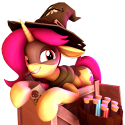 Size: 1080x1080 | Tagged: safe, artist:myahster, imported from derpibooru, oc, oc only, oc:mystery brew, unicorn, 3d, barrel, box, crate, female, hat, horn, looking at you, mare, potion, simple background, solo, source filmmaker, transparent background, witch hat