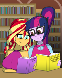 Size: 4800x6000 | Tagged: safe, artist:cadenreigns, imported from derpibooru, sci-twi, sunset shimmer, twilight sparkle, human, equestria girls, book, book cover, bookshelf, breasts, busty sunset shimmer, clothes, cover, date, female, humanized, lesbian, library, reading, sci-twishimmer, shipping, shirt, smiling, sunsetsparkle