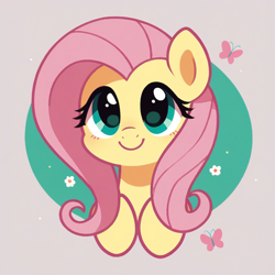Size: 1024x1024 | Tagged: safe, imported from derpibooru, fluttershy, butterfly, pegasus, pony, ai content, ai generated, bust, cute, daaaaaaaaaaaw, generator:pony diffusion v6 xl, generator:pony realism 2.1, generator:stable diffusion, looking at you, minimalist, modern art, portrait, prompter:foxpony, simple background, smiling, solo, sticker