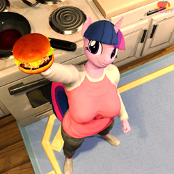 Size: 3840x3840 | Tagged: safe, artist:marianokun, imported from derpibooru, twilight sparkle, anthro, plantigrade anthro, unicorn, 3d, blender, burger, clothes, female, food, hamburger, happy, high angle, horn, kitchen, oven, twilight burgkle