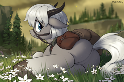 Size: 3490x2310 | Tagged: safe, artist:quotepony, imported from derpibooru, oc, oc only, pony, bag, butt freckles, cliff, dock, elden ring, featureless crotch, female, flower, freckles, grass, halter, horns, lead, looking at you, looking back, looking back at you, lying down, mare, on side, outdoors, saddle, saddle bag, scenery, solo, tack, tail, torrent (elden ring), tree, unshorn fetlocks