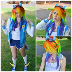 Size: 1024x1024 | Tagged: safe, artist:elimicho, imported from derpibooru, rainbow dash, human, clothes, cosplay, costume, goggles, irl, irl human, multicolored hair, photo, rainbow hair