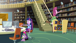 Size: 1280x720 | Tagged: safe, imported from derpibooru, screencap, cheerilee, spike, spike the regular dog, twilight sparkle, dog, human, equestria girls, book, boots, canterlot high, cart, clothes, computer, confused, high heel boots, library, my little pony equestria girls, raised leg, shirt, shoes, skirt, stairs