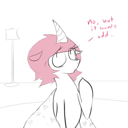 Size: 900x900 | Tagged: dead source, safe, artist:apinklife, artist:pinkgagy, imported from twibooru, oc, oc only, oc:gagy, alicorn, pony, :o, alicorn oc, ask, bed, bed sheets, curved horn, dialogue, ear piercing, earring, eyebrows, eyebrows visible through hair, female, floppy ears, heart, horn, image, jewelry, lamp, looking up, mare, open mouth, piercing, png, raised hoof, simple background, solo, talking to viewer, thinking, white background, wings