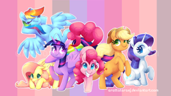 Size: 800x450 | Tagged: safe, artist:arattataraej, imported from twibooru, applejack, fluttershy, pinkie pie, rainbow dash, rarity, twilight sparkle, alicorn, earth pony, pegasus, pony, unicorn, cute, eyes closed, female, floppy ears, flying, heart eyes, image, mane six, mare, png, smiling, twilight sparkle (alicorn), wingding eyes